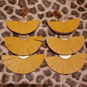 Mustard Leather 3 Tier Gold Hammered Boho Earrings